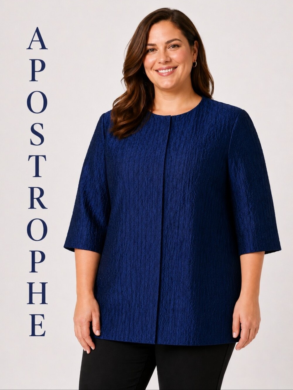APOSTROPHE Womens L Evening Wedding 3/4 Sleeve Crinkle Jacket Blazer Blue Black